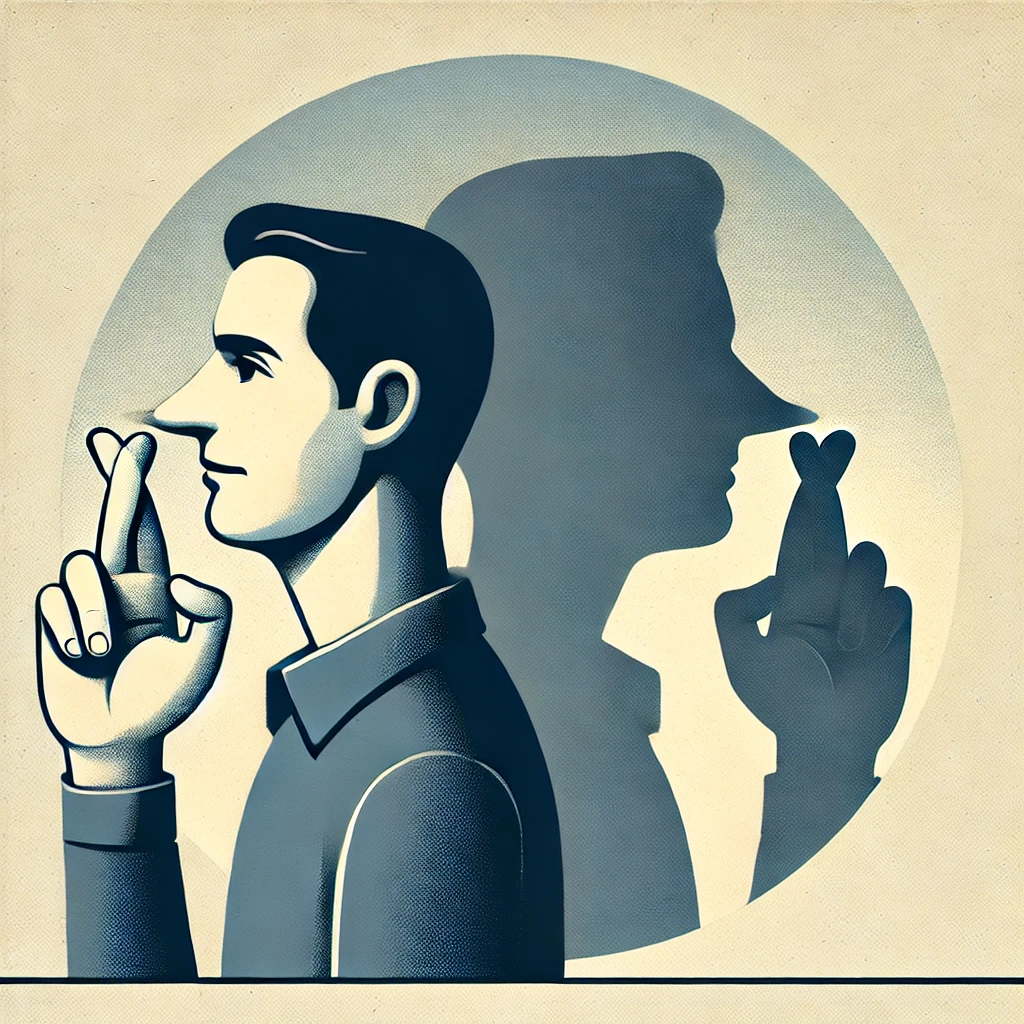 Человек с нейтральным выражением лица, но его тень показывает перекрещенные пальцы за спиной, символизируя ложь