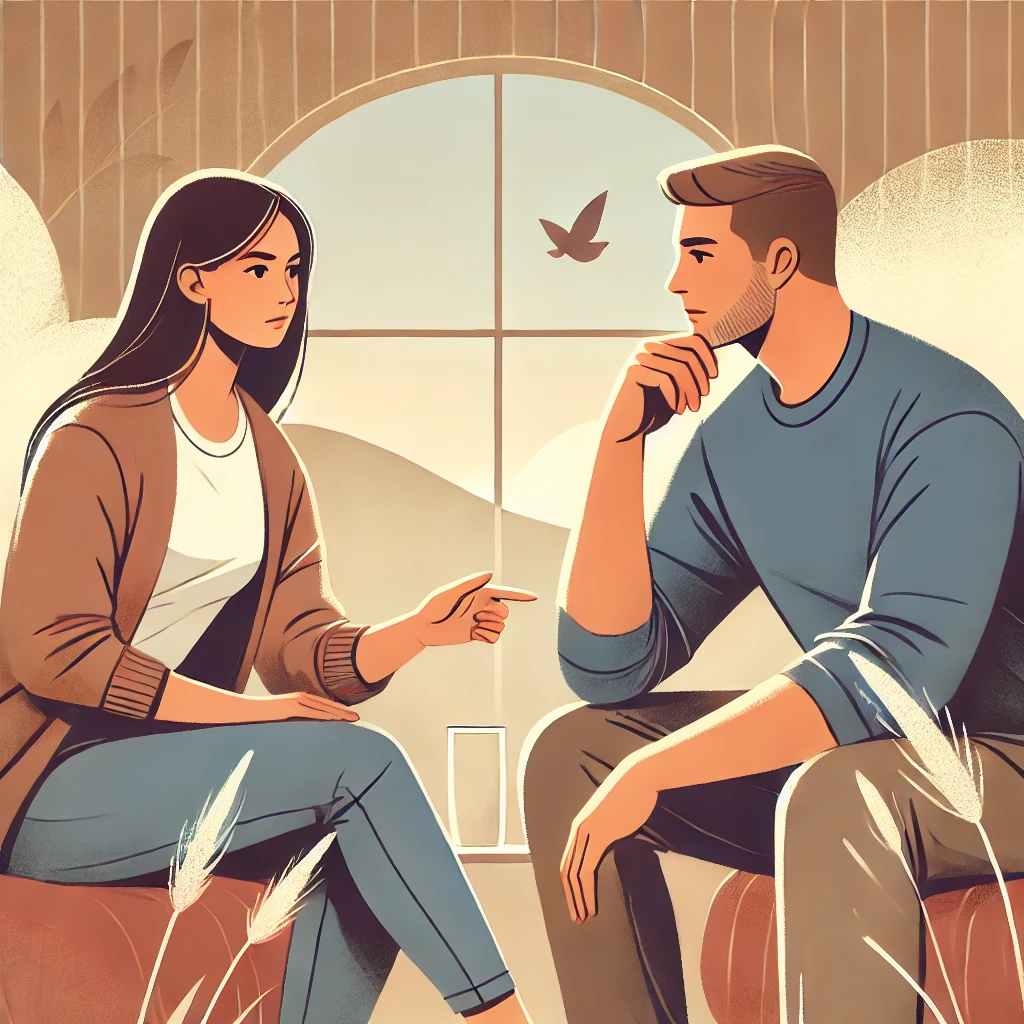 Женщина и мужчина сидят в уютной обстановке и ведут вдумчивый разговор, символизируя гармонию и понимание в отношениях