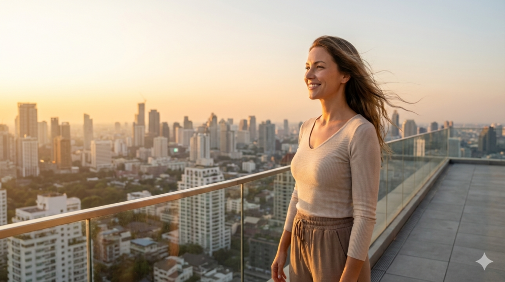Счастливая девушка наслаждается временем наедине с собой, символизируя свободу и уверенность после выхода из плохих отношений.