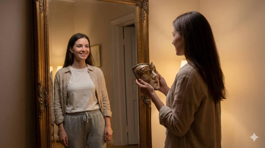 Женщина с облегчением снимает маску идеальности, смотря в зеркало с любовью к себе настоящей.